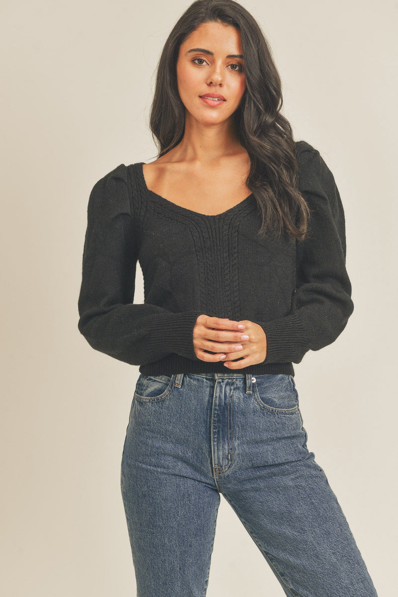 V Neck Puff Sleeve Knit Sweater